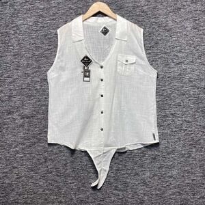 Blanc Du Nil Blouse Womens XL White Slub Cotton Sleeveless Tie Front Top NWT